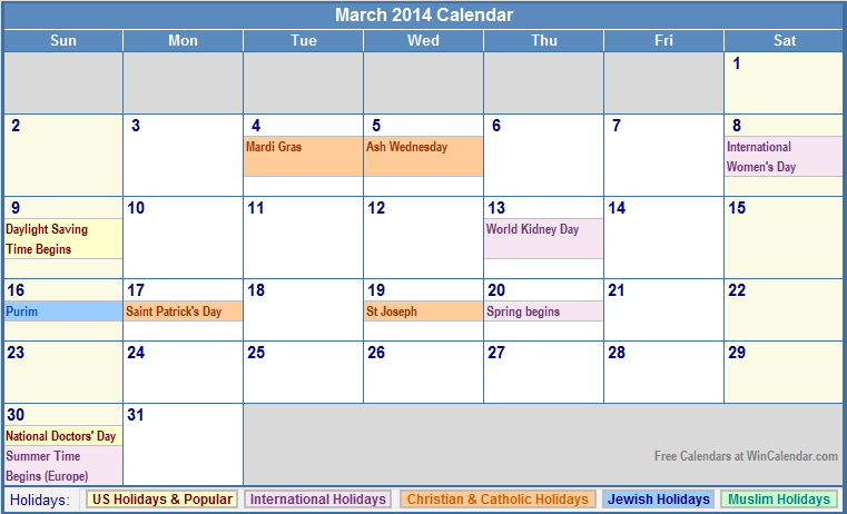 March 2014 Calendar with Holidays