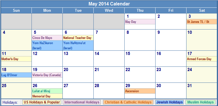 May 2014 Calendar with Holidays