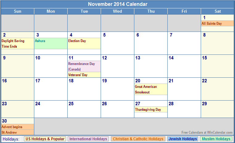 November 2014 Calendar with Holidays