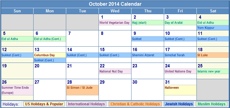 October 2014 Calendar with Holidays