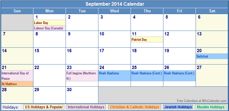 September 2014 Calendar with Holidays