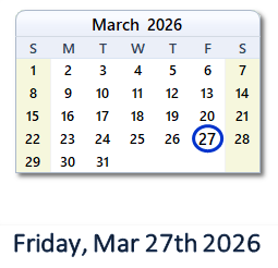 March 27, 2026 calendar