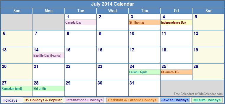 July 2014 Calendar with Holidays