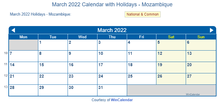 March 2022 Calendar with Mozambique Holidays to Print