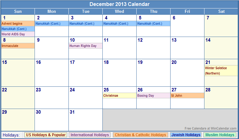 December 2013 Calendar with Holidays