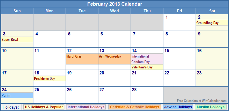 February 2013 Calendar with Holidays
