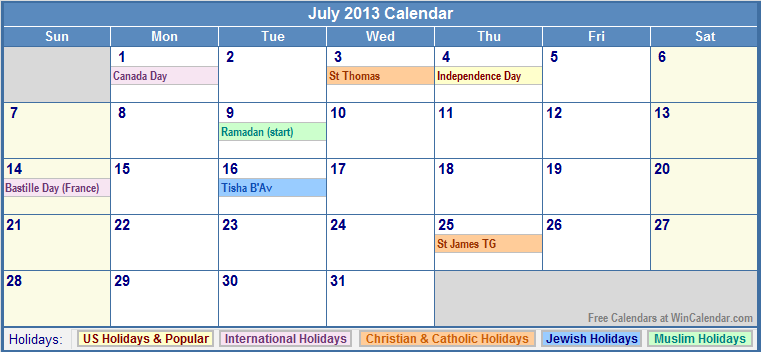 July 2013 Calendar with Holidays
