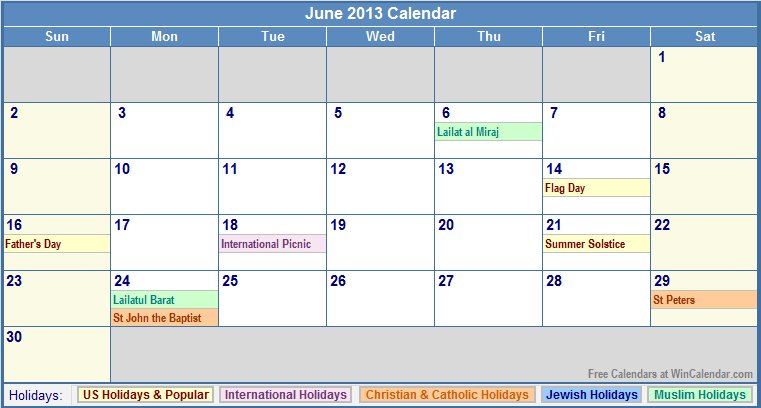 June 2013 Calendar with Holidays