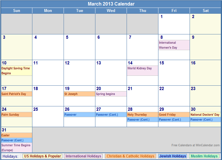 March 2013 Calendar with Holidays