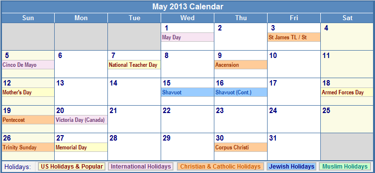 May 2013 Calendar with Holidays