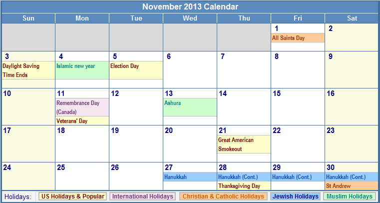 November 2013 Calendar with Holidays