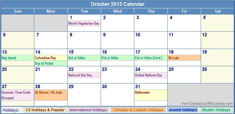 October 2013 Calendar with Holidays