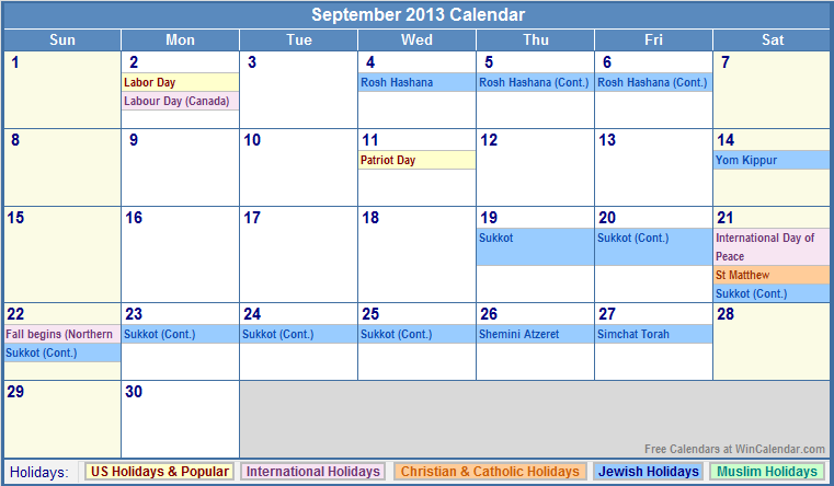 September 2013 Calendar with Holidays