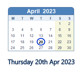 20 April 2023 calendar