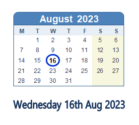 16 August 2023 calendar