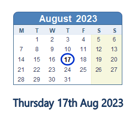 17 August 2023 calendar