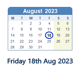 18 August 2023 calendar