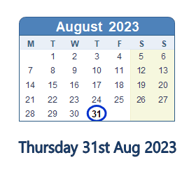 31 August 2023 calendar