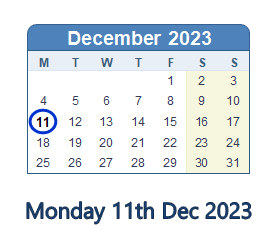 11 December 2023 calendar