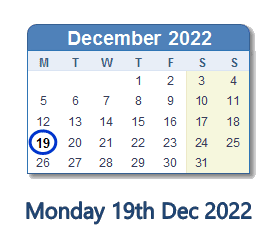 19 December 2022 calendar