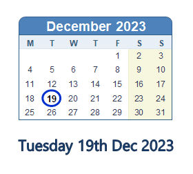 19 December 2023 calendar