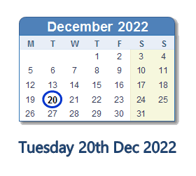 20 December 2022 calendar
