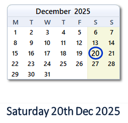 20 December 2025 calendar