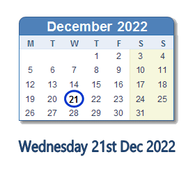 21 December 2022 calendar