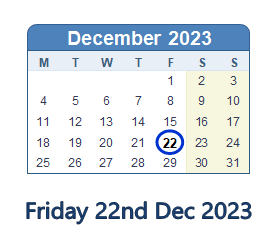 22 December 2023 calendar