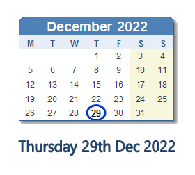 29 December 2022 calendar