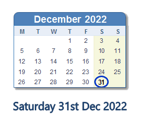 31 December 2022 calendar