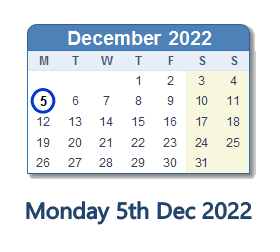 5 December 2022 calendar