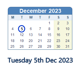 5 December 2023 calendar