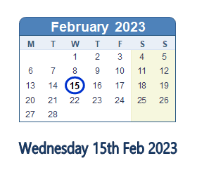 15 February 2023 calendar