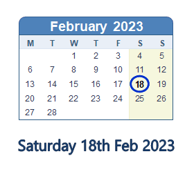18 February 2023 calendar