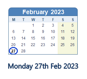 27 February 2023 calendar