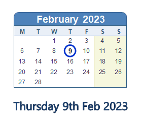9 February 2023 calendar