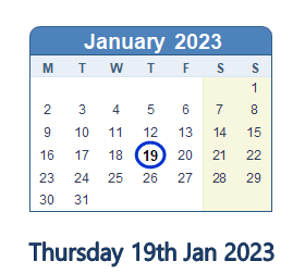 19 January 2023 calendar