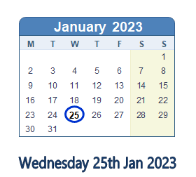 25 January 2023 calendar