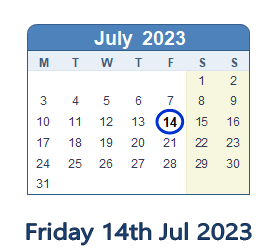 14 July 2023 calendar