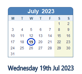 19 July 2023 calendar
