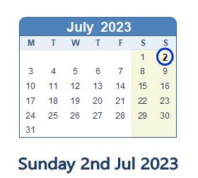 2 July 2023 calendar