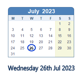 26 July 2023 calendar