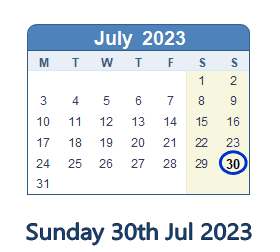 30 July 2023 calendar
