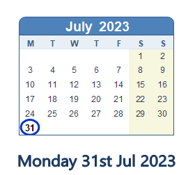 31 July 2023 calendar