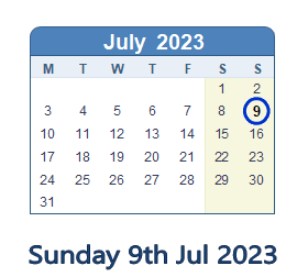 9 July 2023 calendar