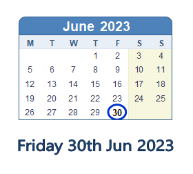 30 June 2023 calendar