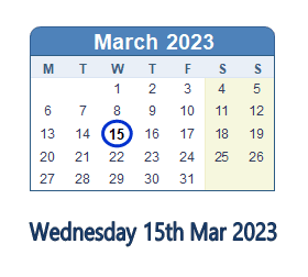 15 March 2023 calendar