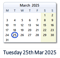 25 March 2025 calendar