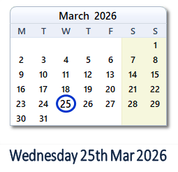 25 March 2026 calendar